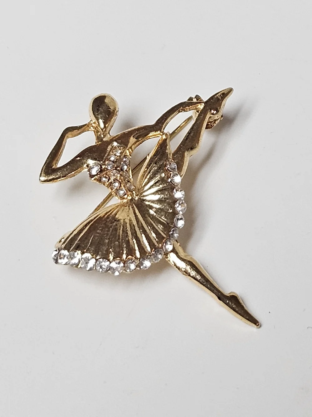 Gold Ballerina Brooch with Clear Crystal Accents